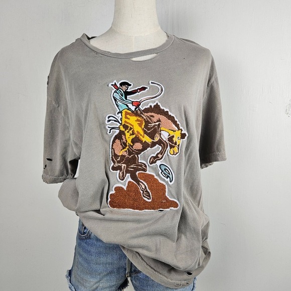 Retro Rodeo Applique Distressed Tee L‎ Grey Short Sleeve Cowboy Western - Picture 1 of 9